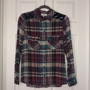 Sequins plaid long sleeve button down
